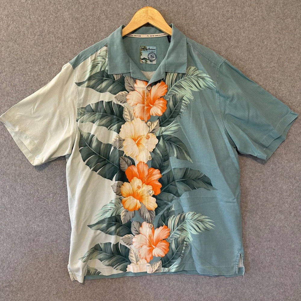 Tommy Bahama 30th Anniversary Special Edition Silk Camp Shirt Blue Floral L